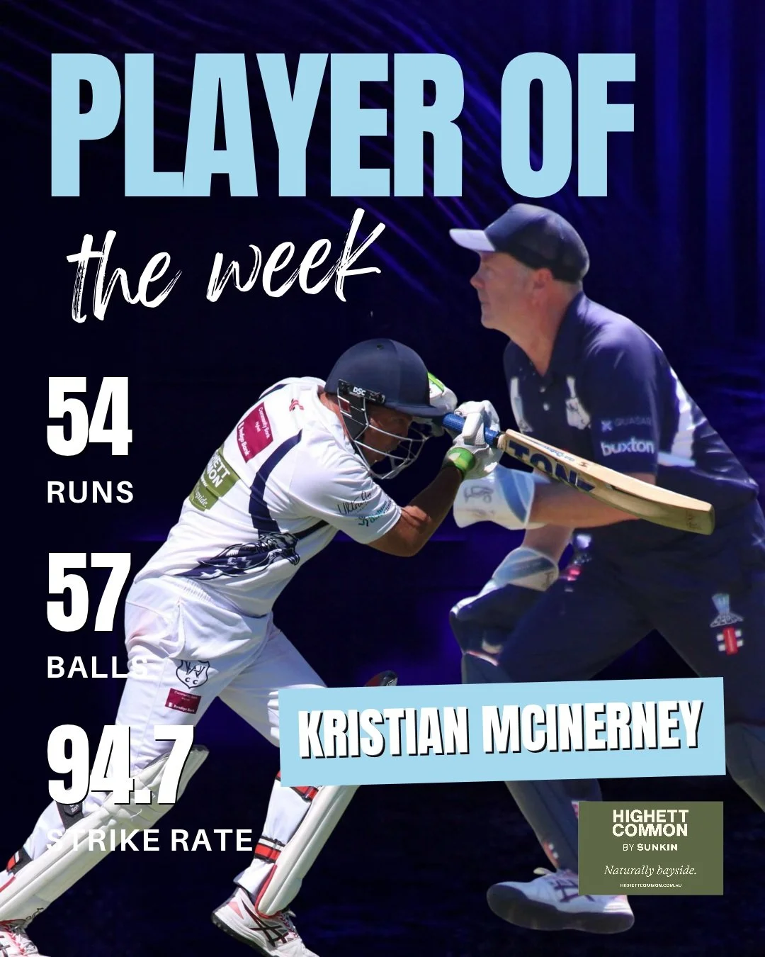 Player of the Week

Well done Kristian McInerney on your 54 off 57 in Round 2 💪🏼 This knock helped set the tone for the game in what was a decent score to chase, only to just fall short of the win. Welcome back to cricket!

This one was a little la