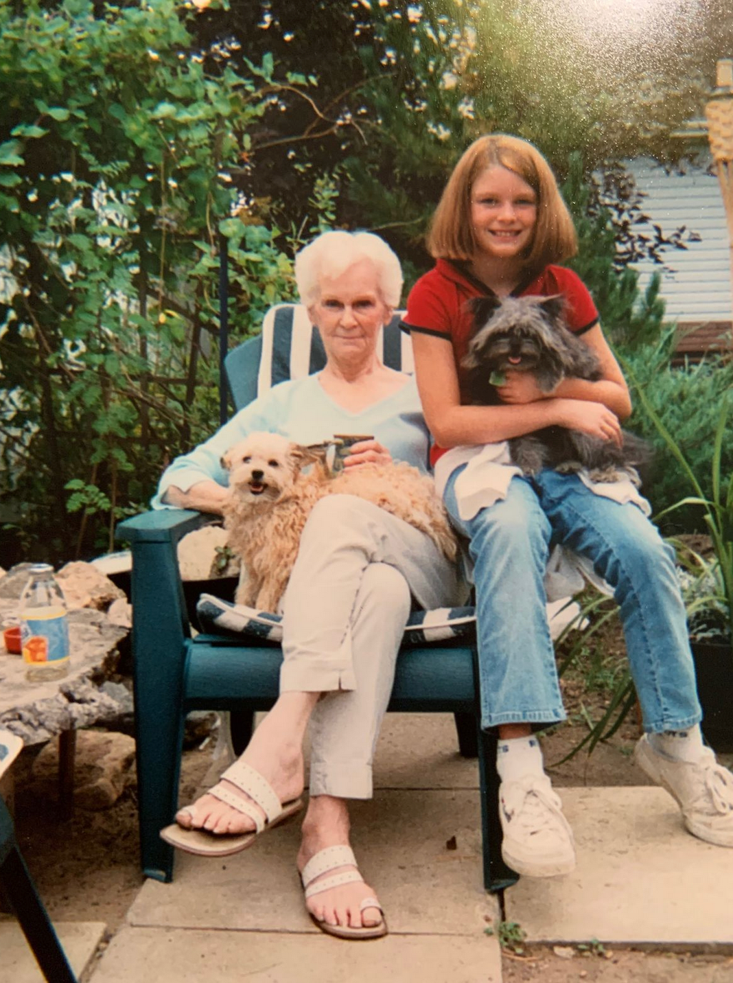 An elderly woman and a young girl sitting outdoors with two dogs, one on her lap and the other sitting beside her on the chair, surrounded by greenery.