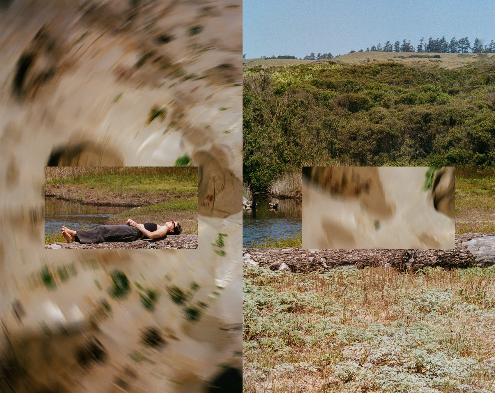 Image of a landscape with dense trees and a grassy field, with a woman laying on a rock near a small pond, relaxing under the sun.