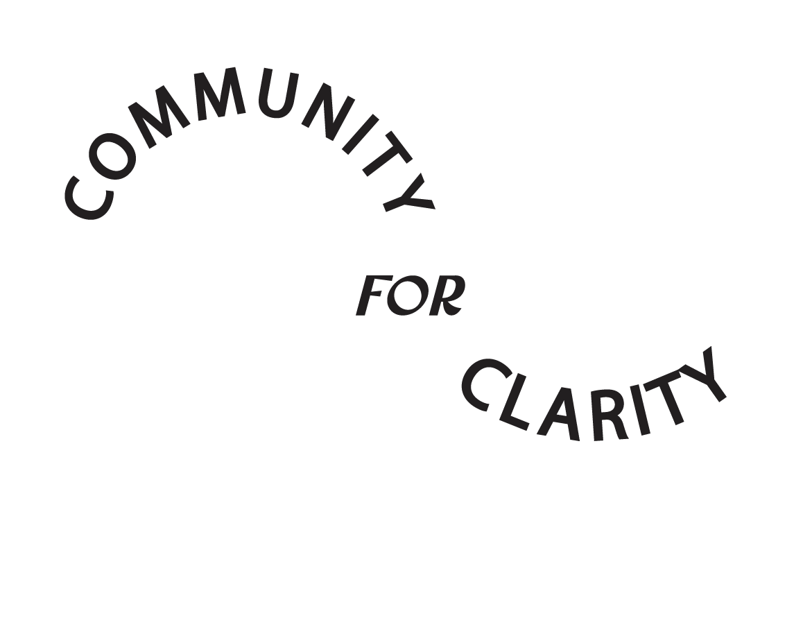 Black ribbon with white text that reads "Community for Clarity" in a curved layout.