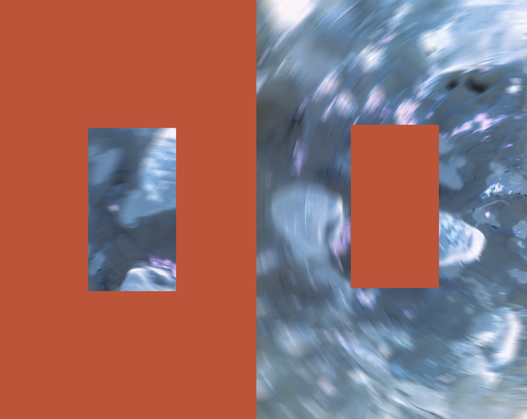 Abstract image with swirling blue and purple patterns, partially covered by large, solid rust-colored blocks.