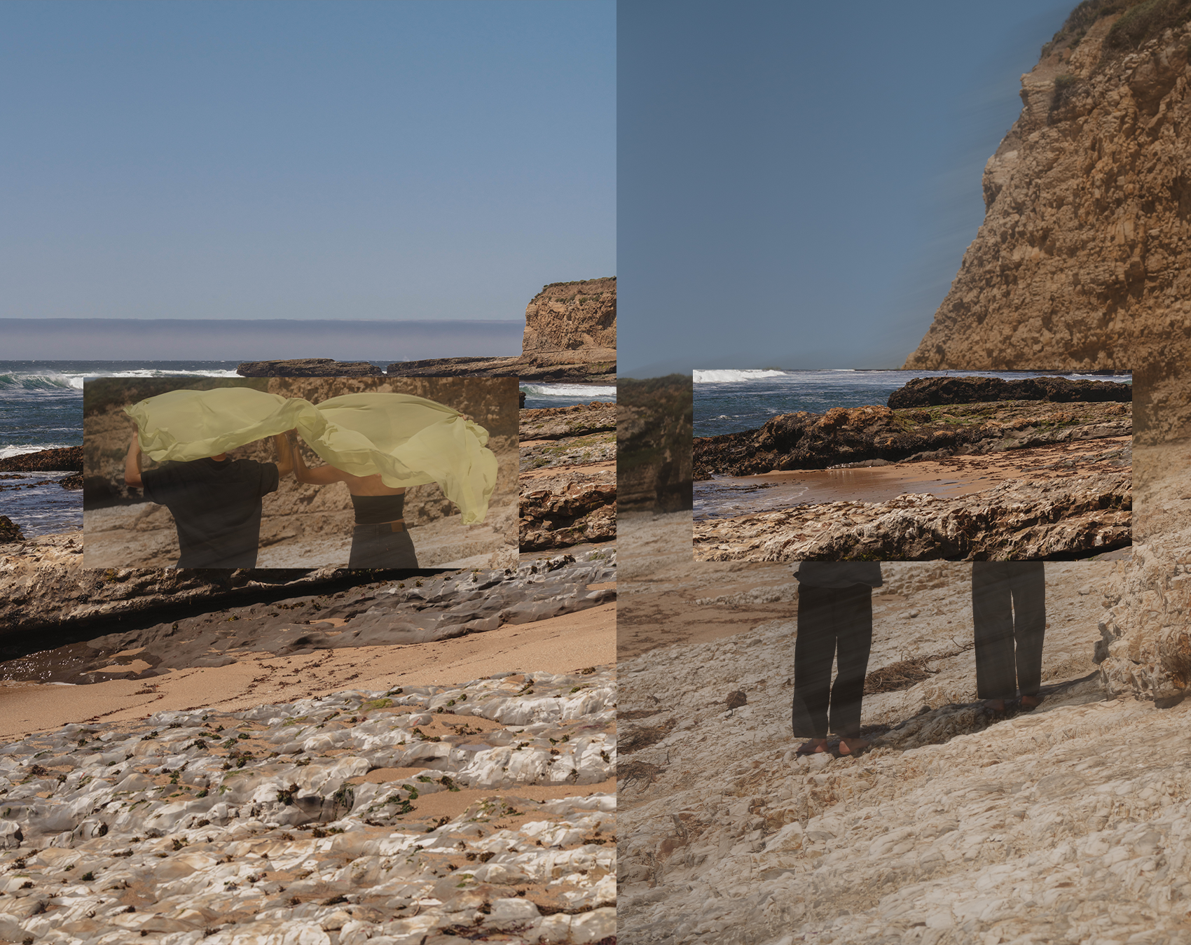 Two people walking along a beach with rocky cliffs and ocean waves in the background. One person is holding a yellow cloth or scarf.