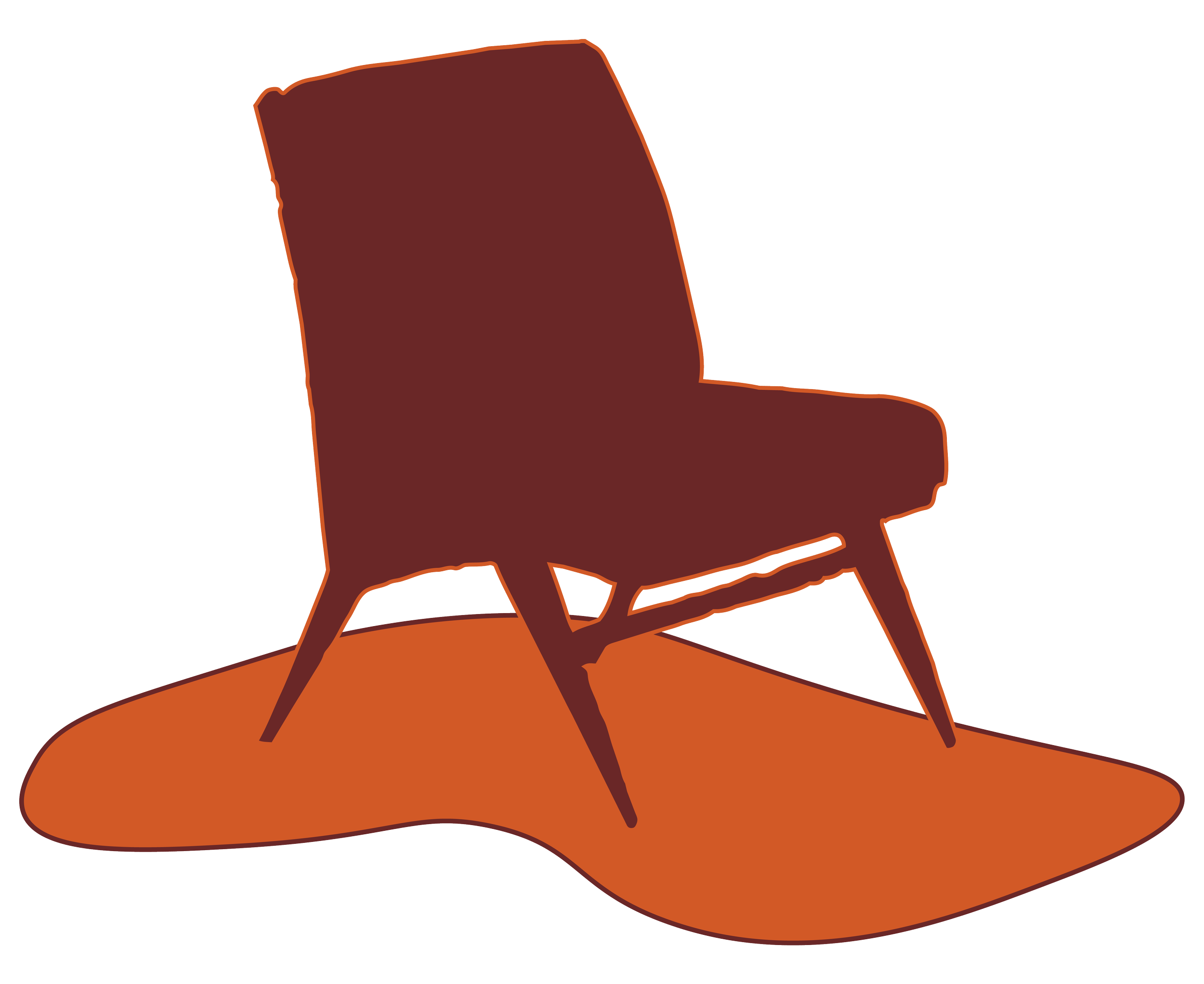 A stylized drawing of a brown cowboy hat with an orange band, resting on a matching brown surface, with a simple black and white background.