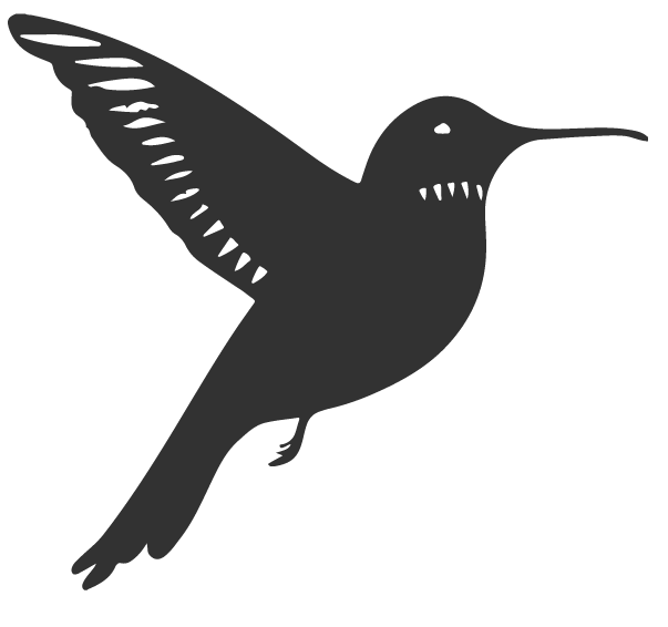 Silhouette of a hummingbird flying with its wings spread, facing right.