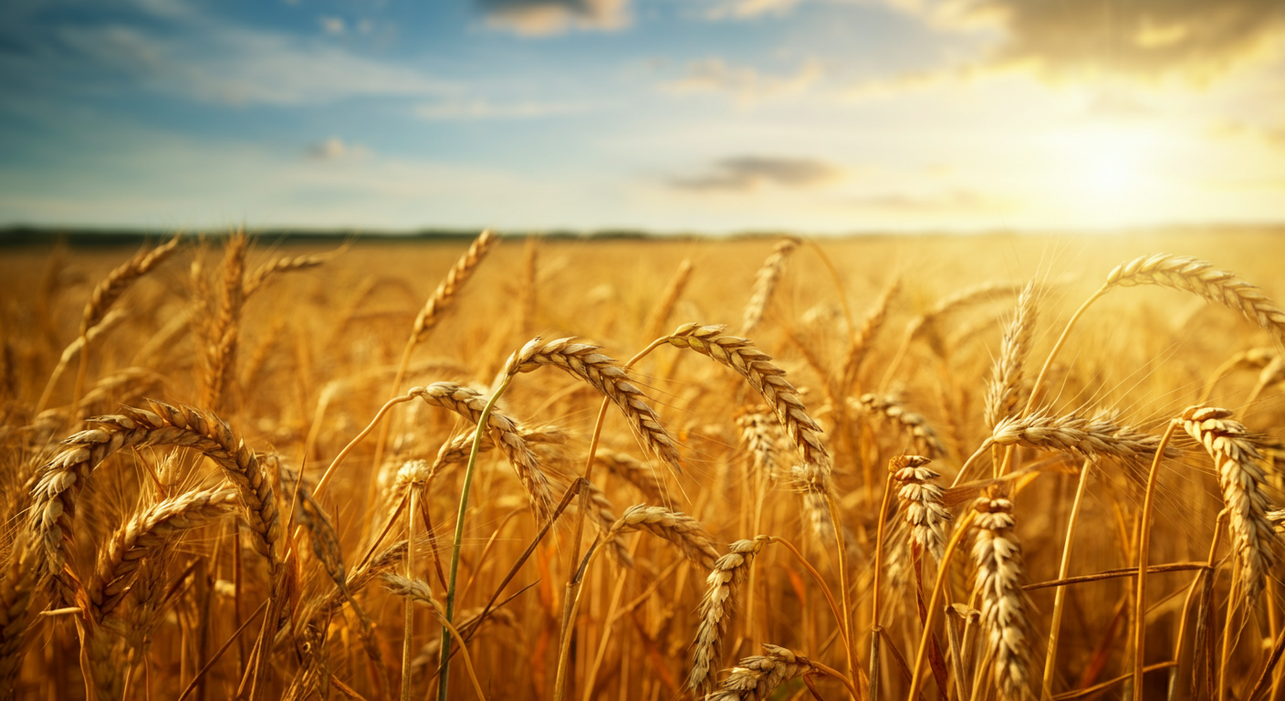 A golden wheat field during sunset with a distant horizon and a partially cloudy sky.