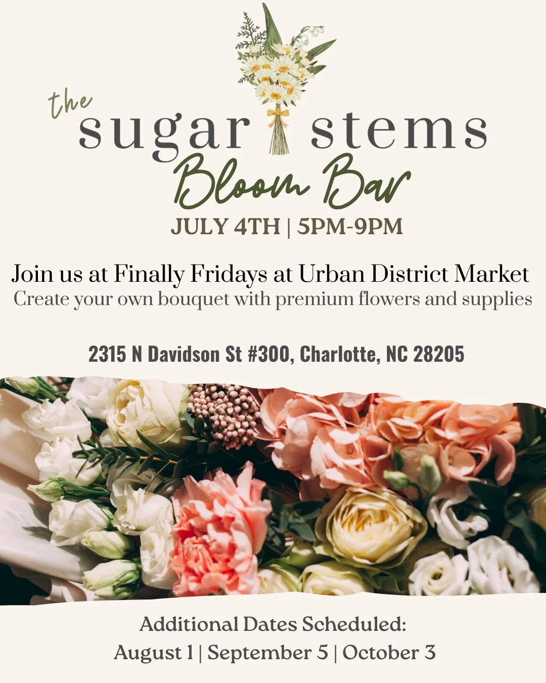 The Sugar Stems Bloom Bar will be @urbandistrictmarket at Finally Fridays. Design and hand-tie your very own custom bouquet, guided by our floral pros!

Try something new! This monthly celebration will feature authentic cuisine, outdoor dining, local