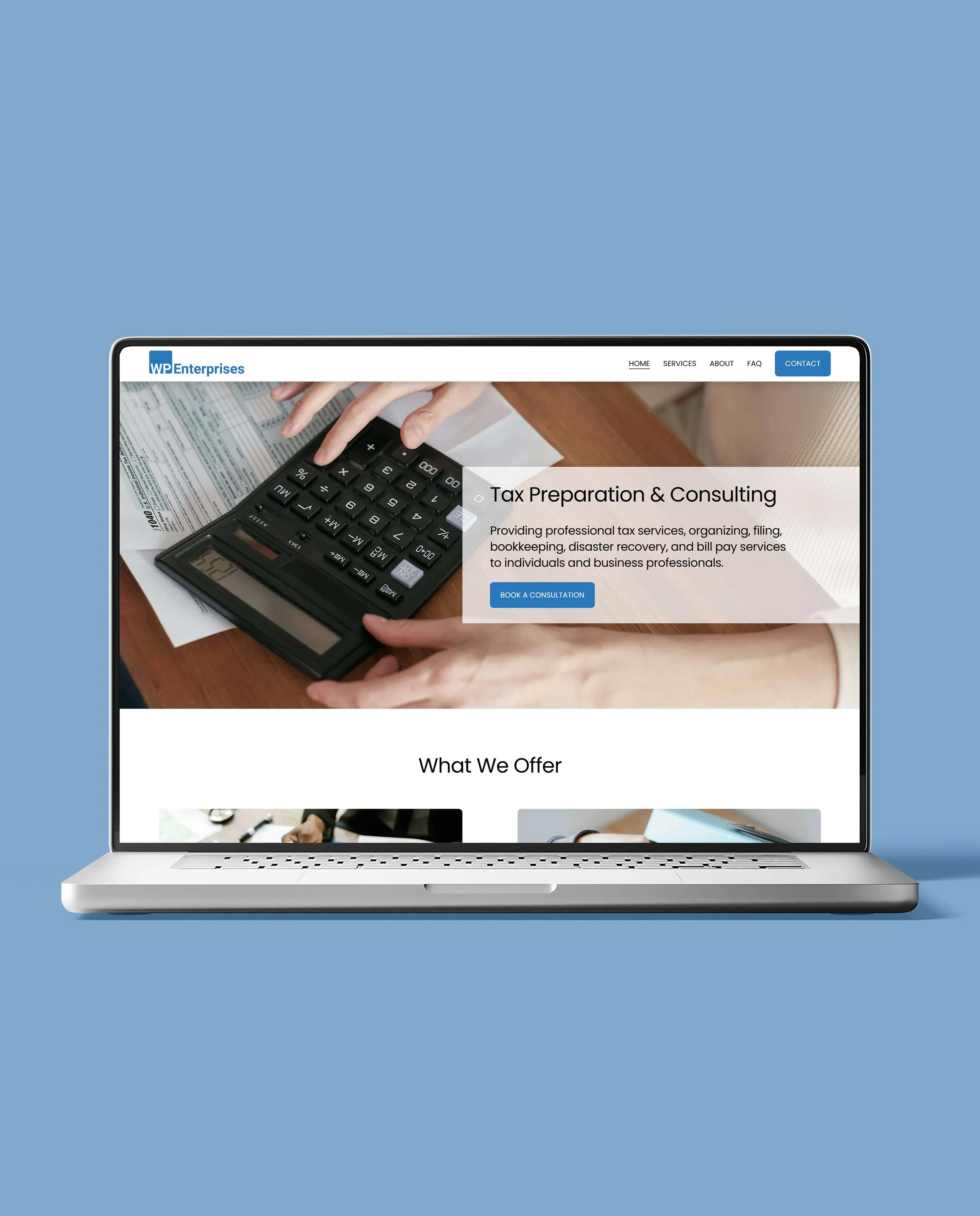 Website homepage for a tax preparation and consulting service on a laptop screen, featuring a person using a calculator and documents.