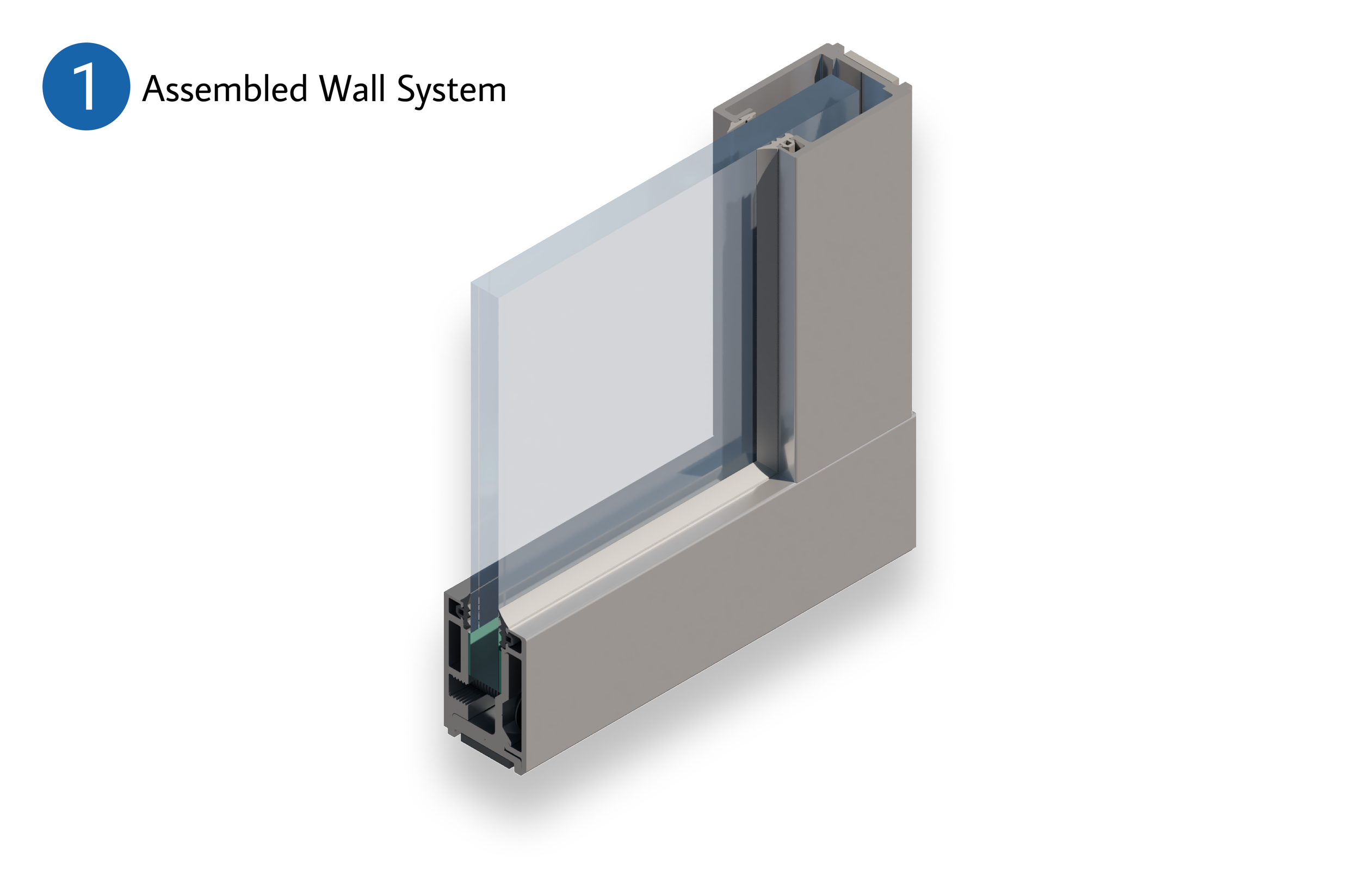 Diagram of an assembled wall system with metal framing and a glass panel.