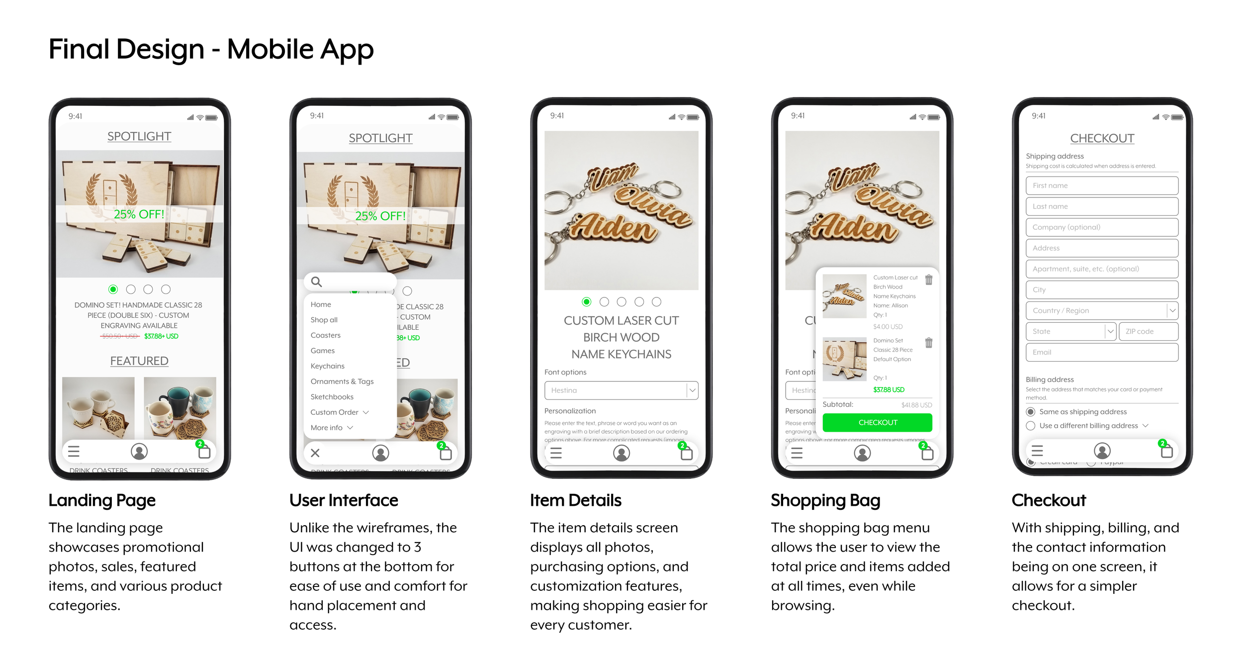 Presentation of a mobile app design with five screens, including landing page, user interface, item details, shopping bag, and checkout, displaying product images, menus, and order summaries.