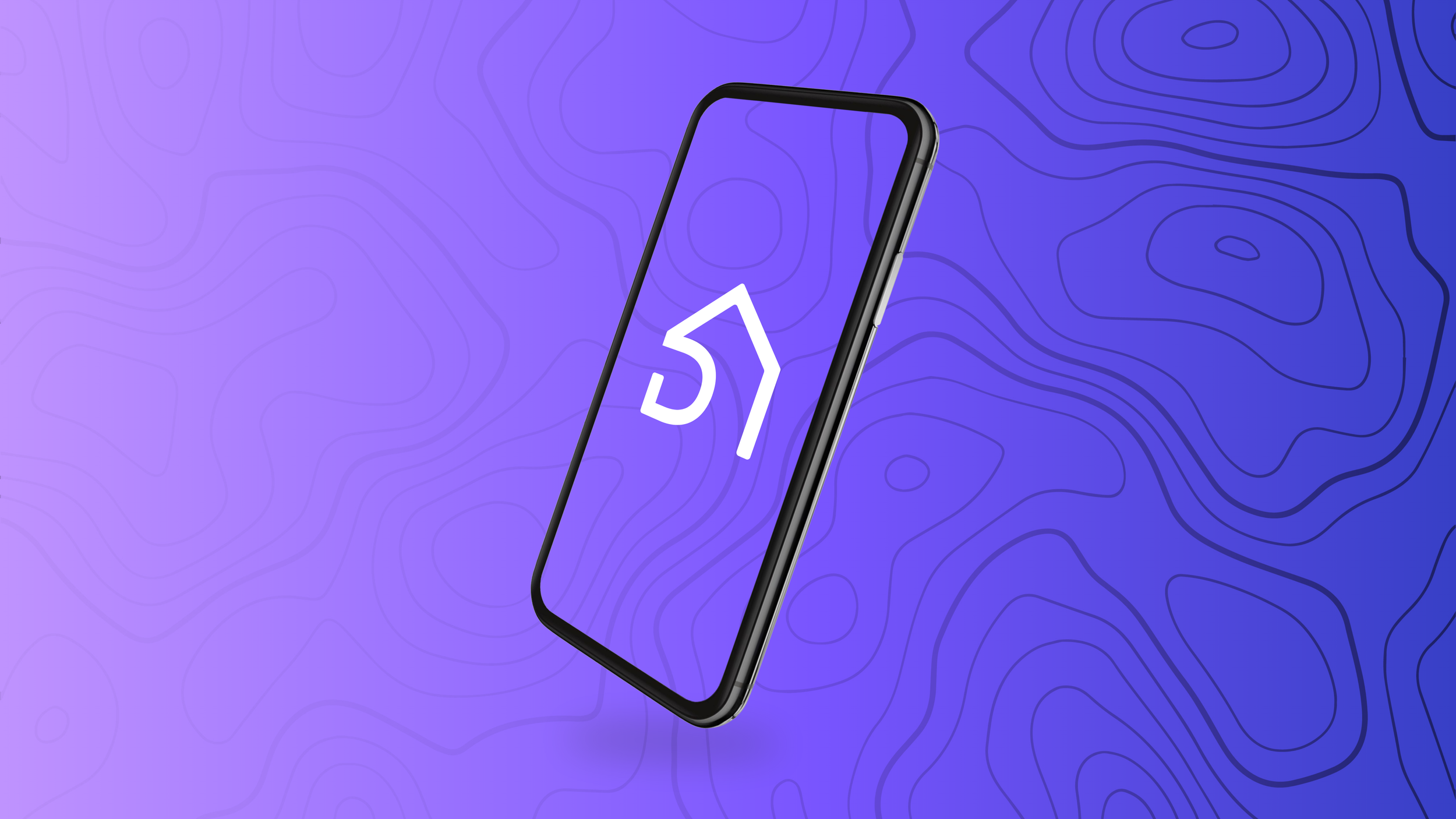 A smartphone with a black frame displays a white logo on a purple gradient background with contour map lines.