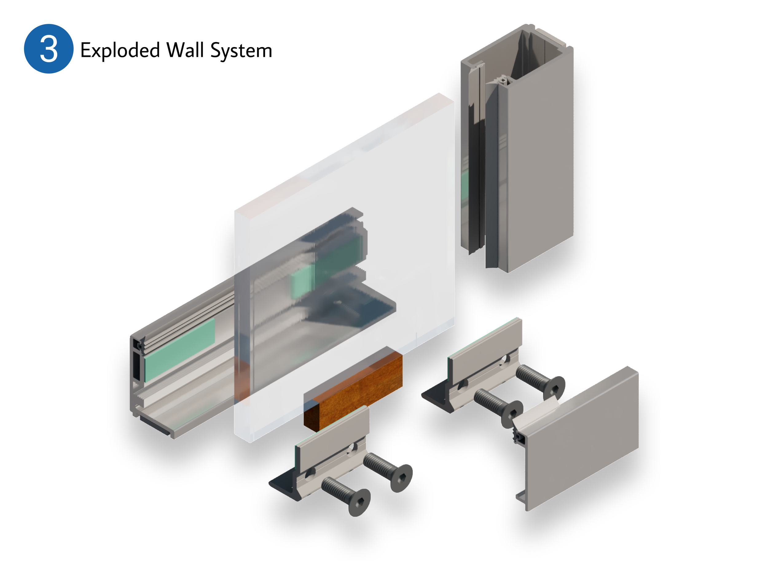 Exploded view of an industrial wall system showing metal components, screws, and a transparent panel.