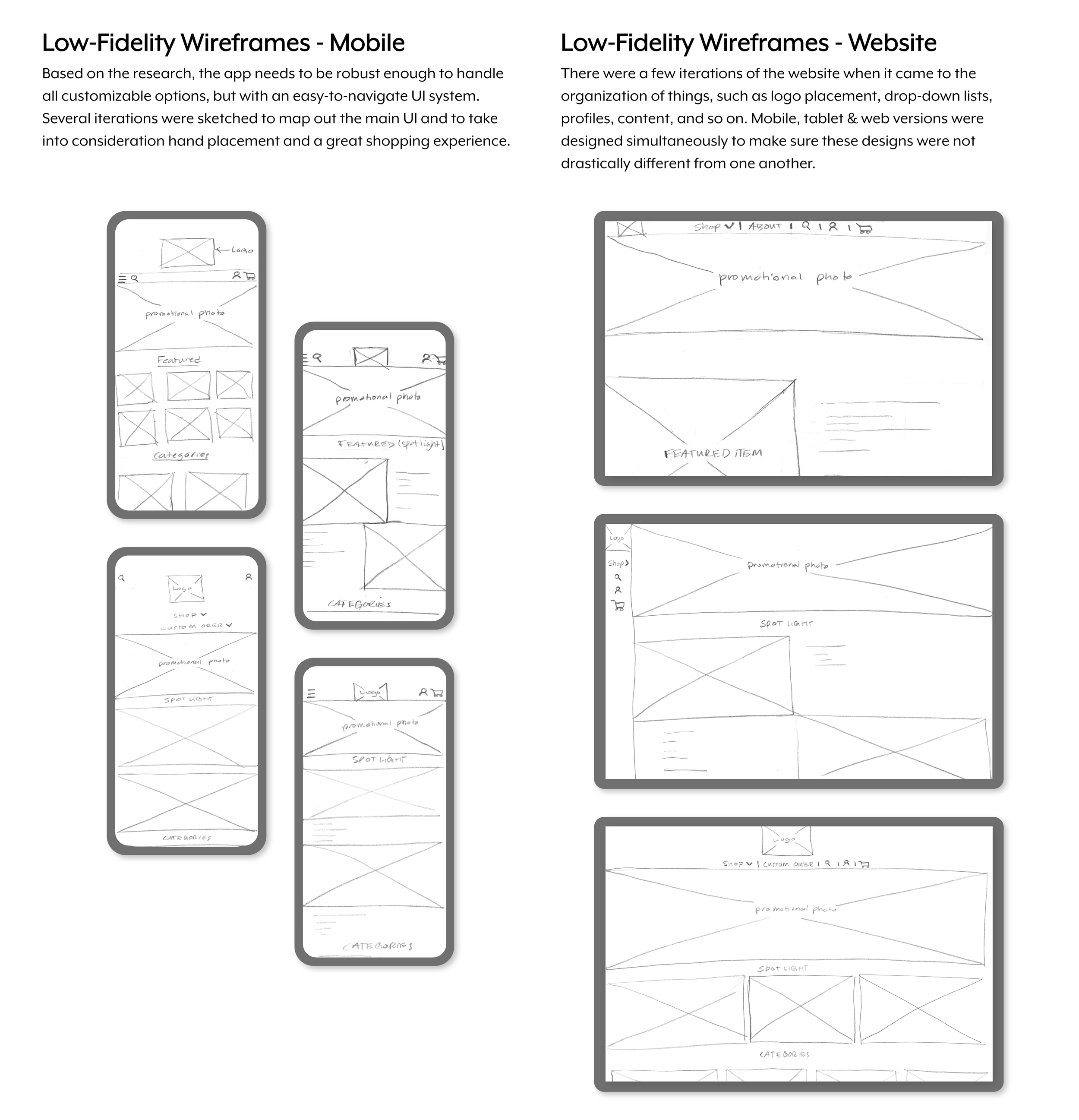 Sketches of mobile and website wireframes for low-fidelity prototypes, showing layout concepts with promotional photos, featured items, categories, and navigation menus.