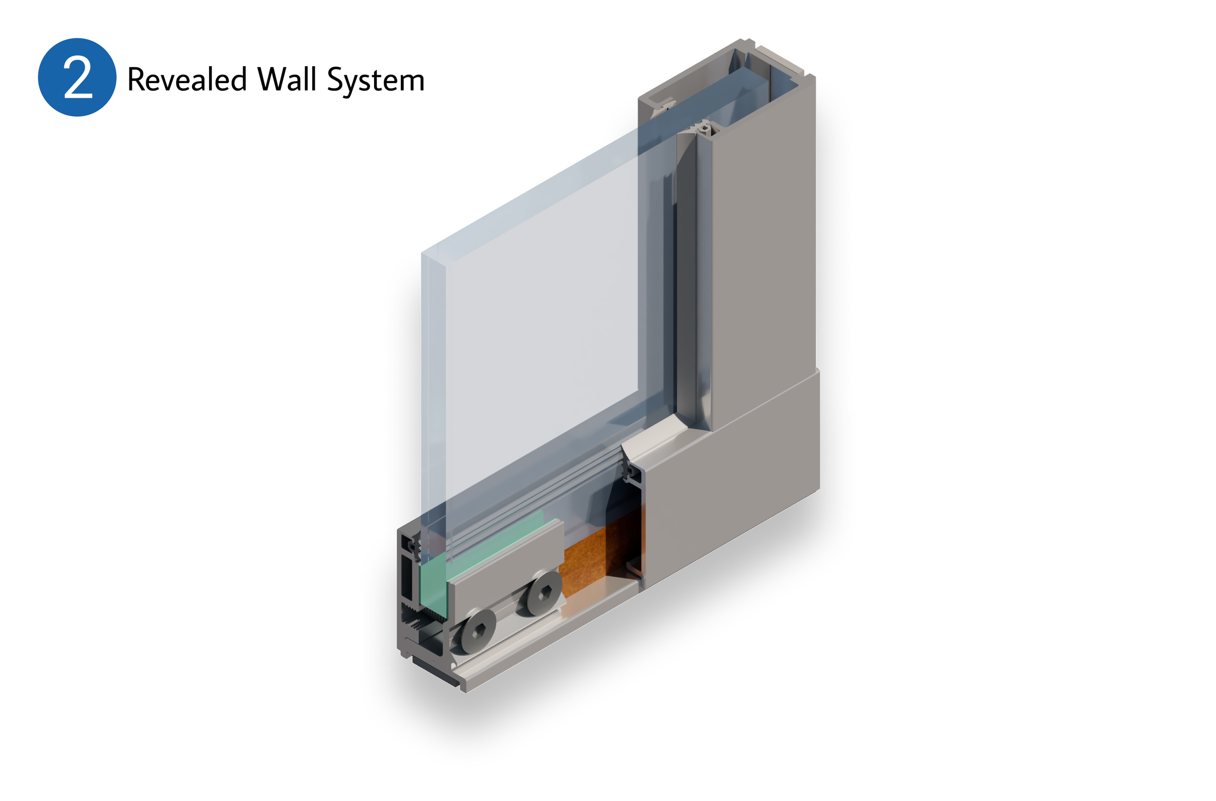 3D design of a revealed wall system, showing a cross-sectional view of window frame installation.