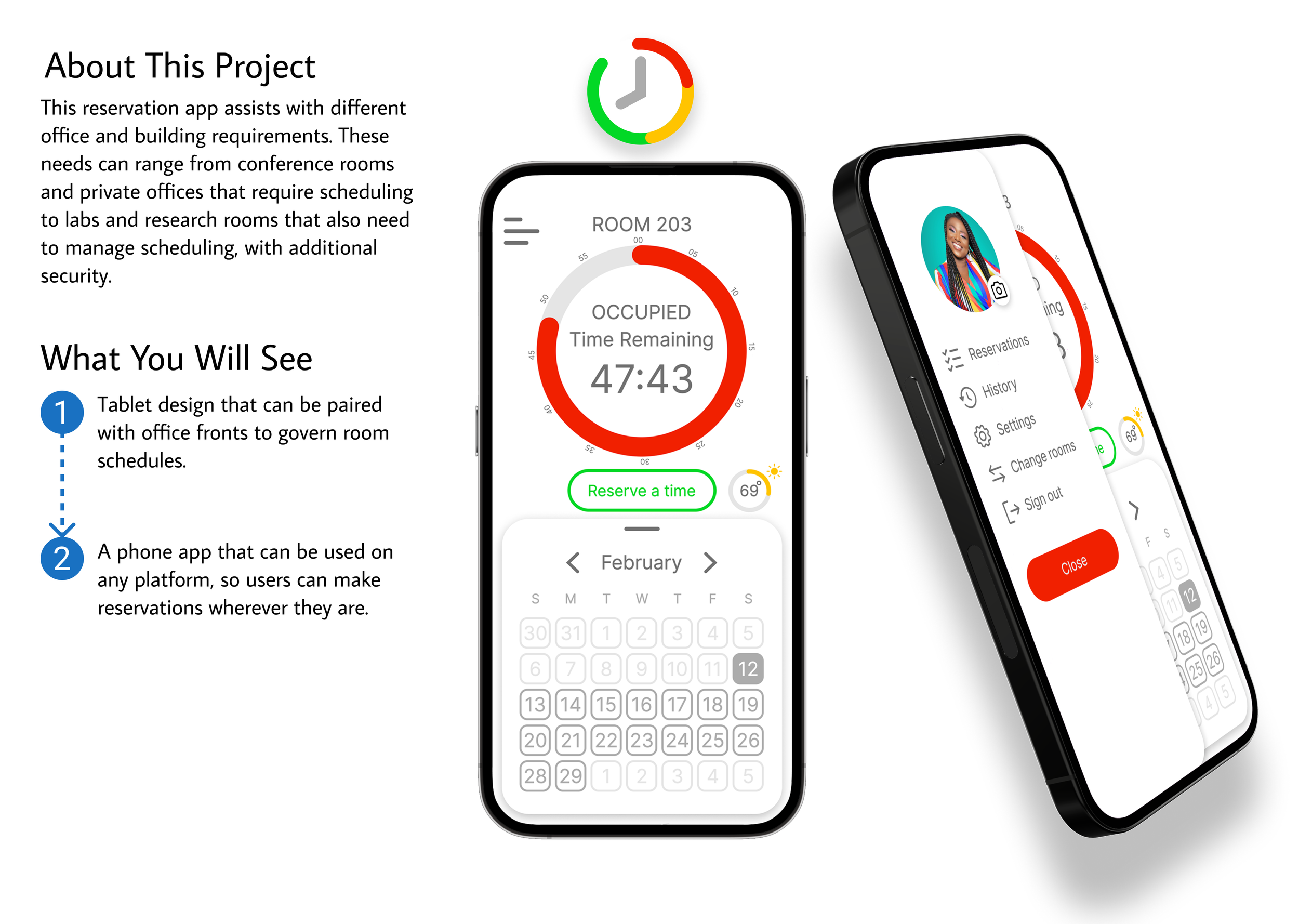 An infographic explaining a reservation app project, showing two smartphones with reservation interface screens. One screen displays a table reservation for room 203, with a timer indicating 47 minutes and 43 seconds remaining, and options to reserve or view the weather. The other screen shows menu options including reservations, history, settings, change rooms, and sign out. A colorful clock icon is positioned above the phones.