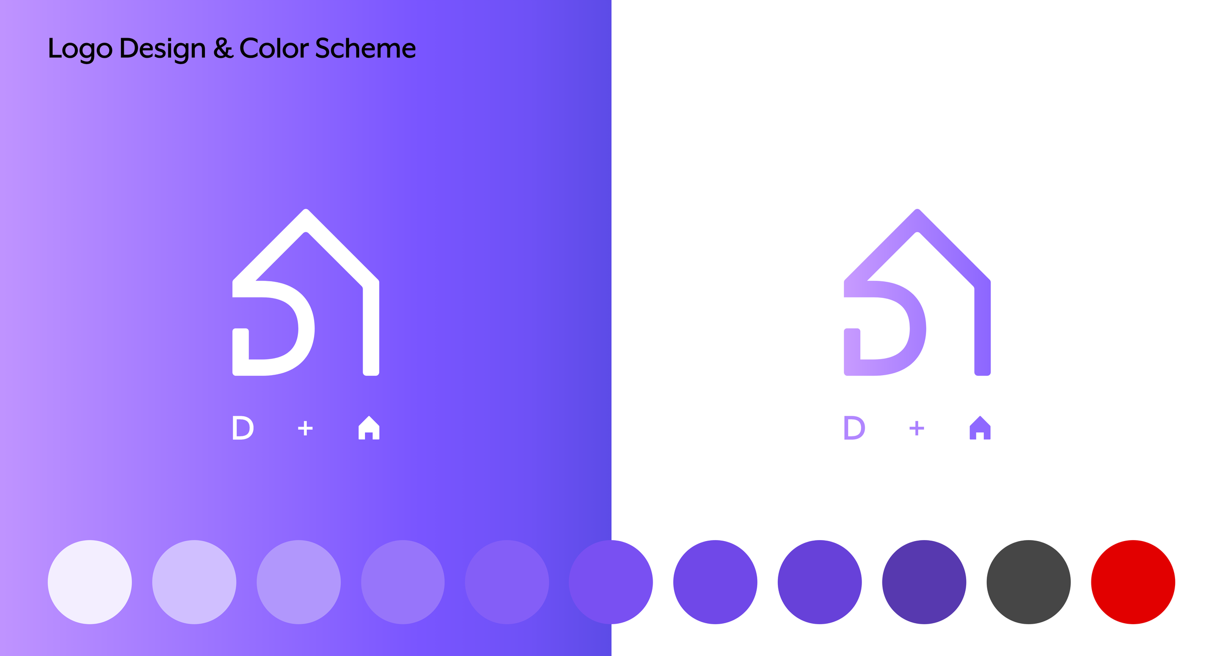 Logo design with different color schemes, labeled 'Logo Design & Color Scheme'. The left design features a purple gradient background with white logo elements and a color palette, while the right design has a white background with purple logo element