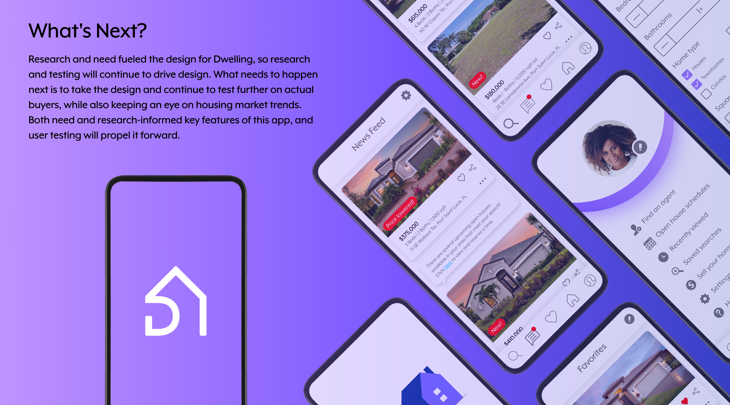 A series of smartphone screens showing a real estate app with property listings, photos, prices, and options for finding agents and viewing house schedules.