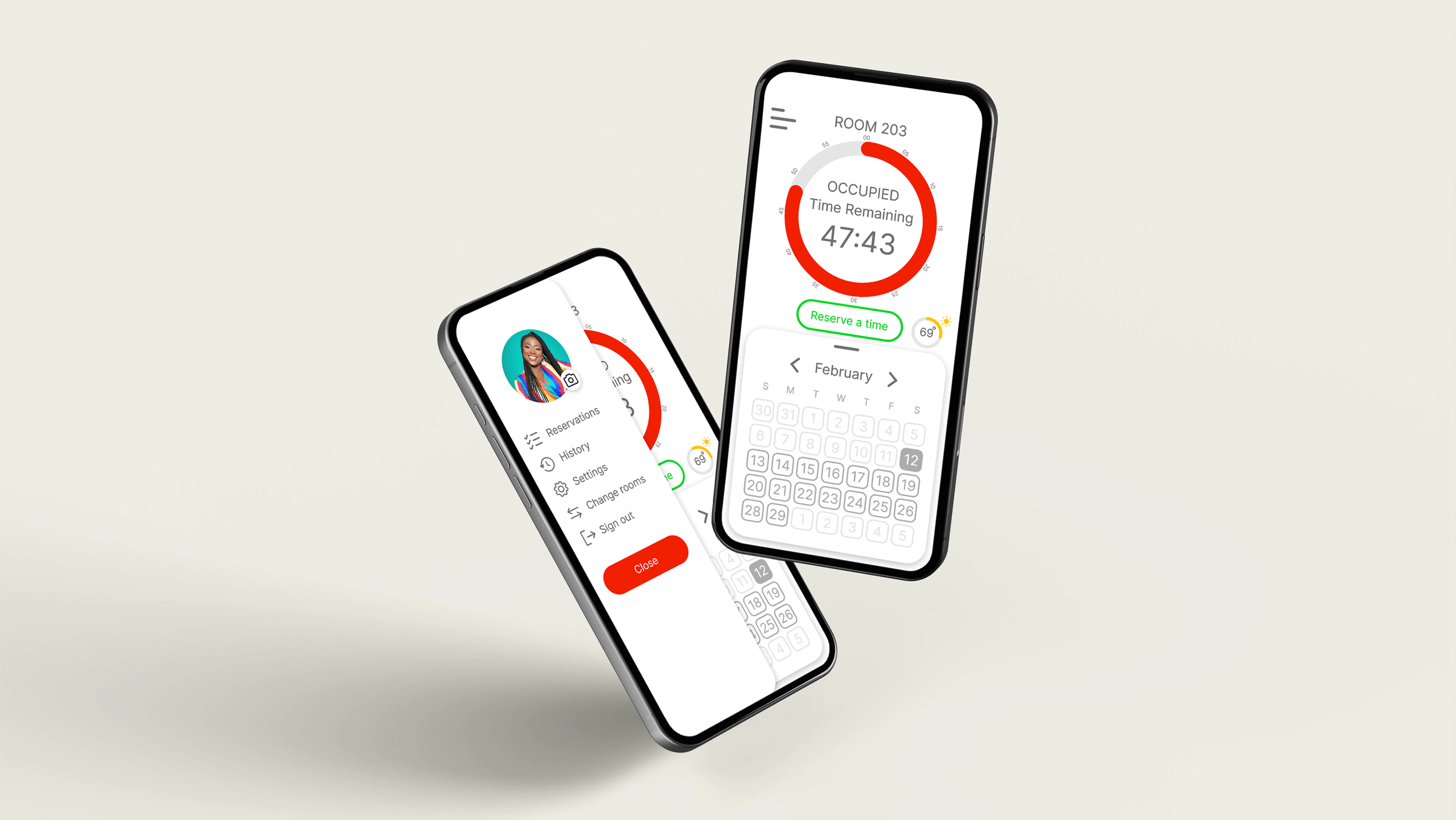 Two smartphones displaying a room reservation app, one showing a reservation for room 203 with a timer of 47:43 remaining, and the other showing user profile options such as reservations, history, settings, change rooms, and sign out.