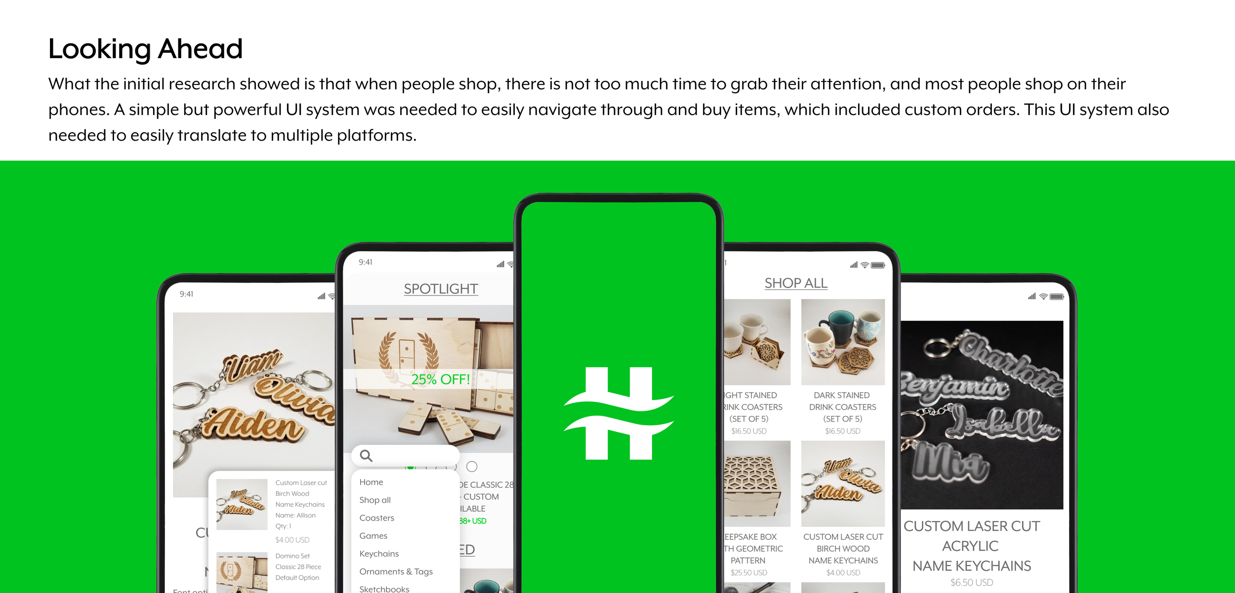 Five smartphones display an e-commerce app with various product images and categories, set against a green background. The app features items such as personalized keychains, wooden coasters, drink coasters, laser-cut acrylic keychains, and custom designs.