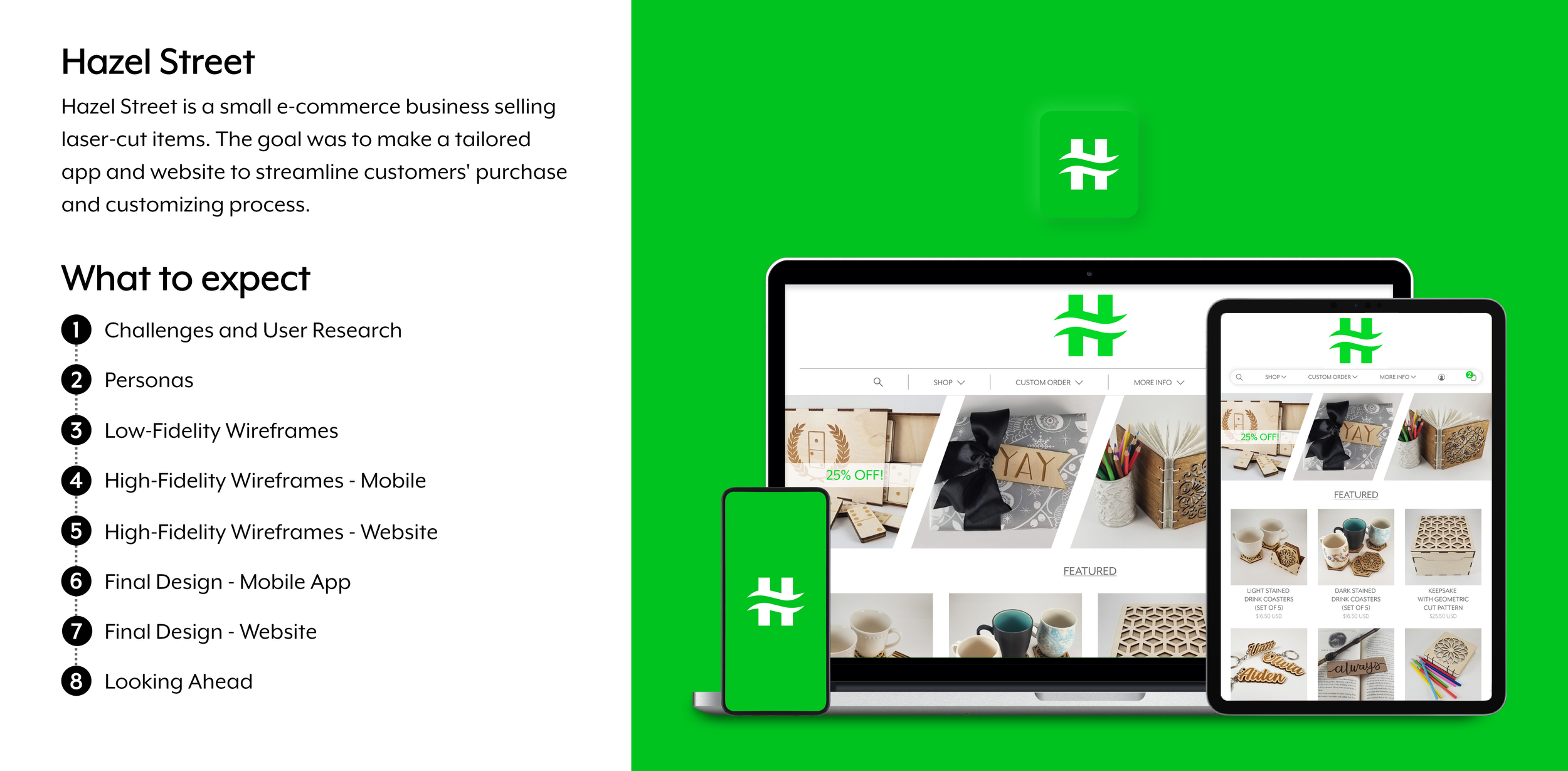A presentation slide about Hazel Street, a small e-commerce business selling laser-cut items, with descriptions of their app and website development process and screens showing the online store on various devices against a green background.
