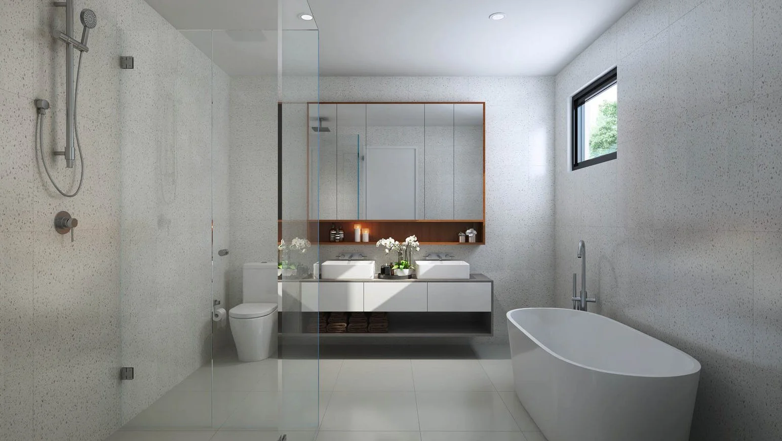 Modern bathroom with a walk-in shower, a toilet, a double sink vanity with a large mirror, and a freestanding bathtub. The walls are light-colored with a textured finish and there is a window providing natural light.