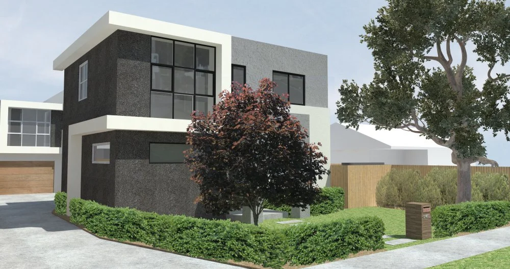 Modern two-story house with dark textured exterior walls, large windows, and a white flat roof overhang. Front yard has a small red-leafed tree, green bushes, a large leafy tree, and a lawn with a sidewalk.