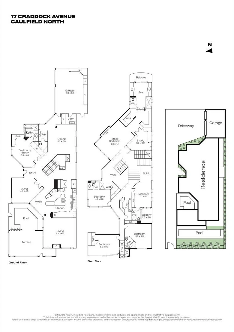 Floor plan showing a multi-story house with ground floor, first floor, driveway, garage, swimming pool, and landscaped yard, located at 17 Craddock Avenue, Caulfield North.