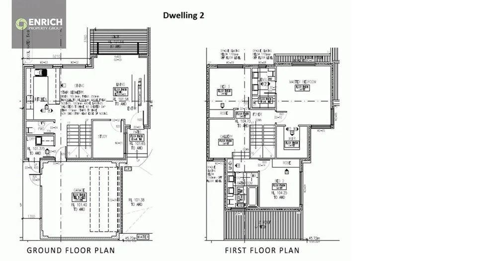 Architectural floor plan of a two-story house, showing the ground floor and first floor layouts with rooms labeled and dimensions.