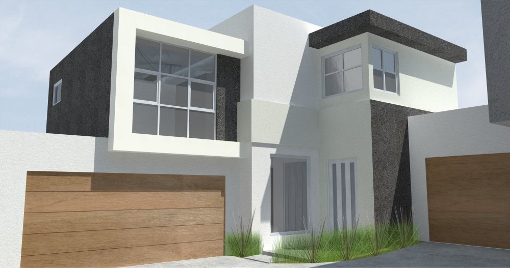 Modern two-story house with white and black exterior, large front window, and wooden garage doors. Small patches of grass in front.