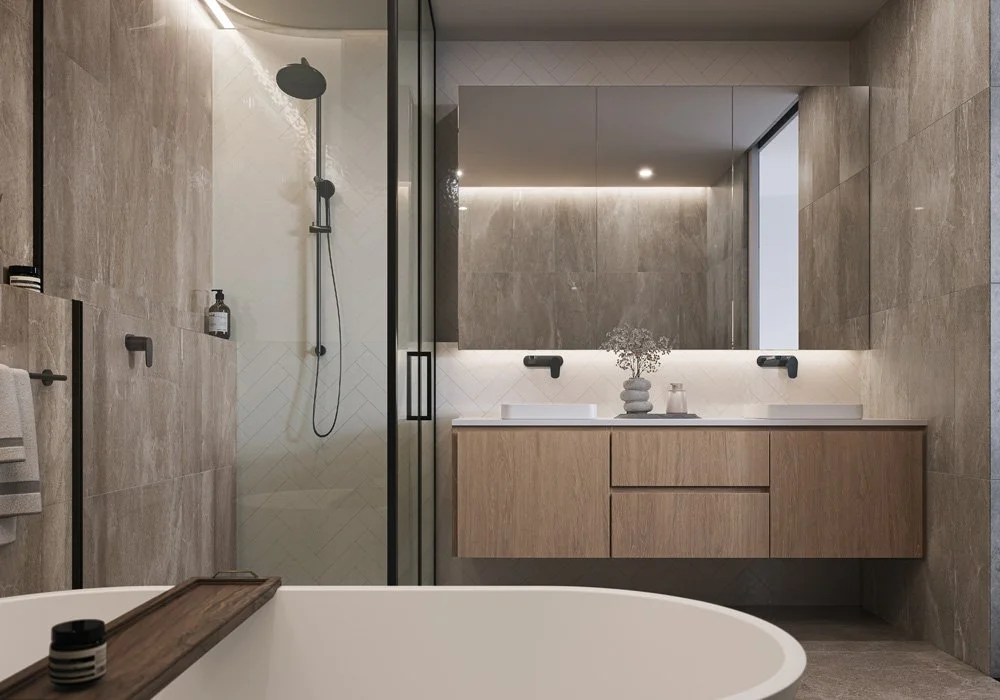 Modern bathroom with a freestanding bathtub, walk-in shower, large mirror, wooden vanity, and neutral-toned tiles.