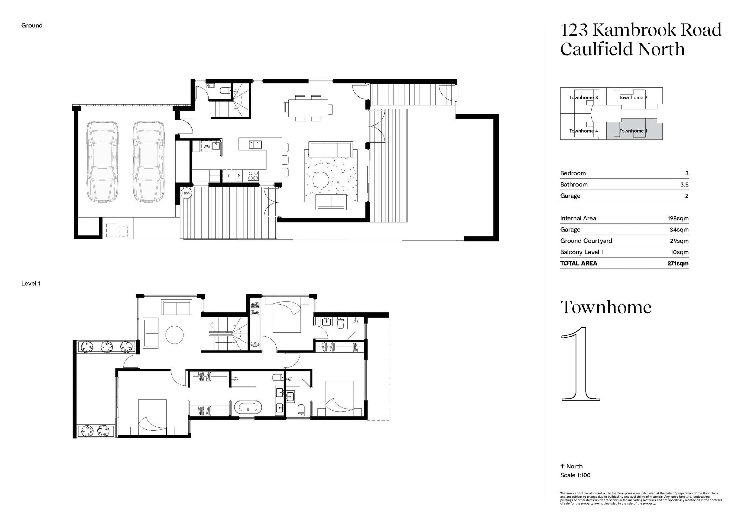 Floor plan of a two-story house at 123 Kambrook Road, Caulfield North, showing ground and first levels, with rooms, stairs, and garage.