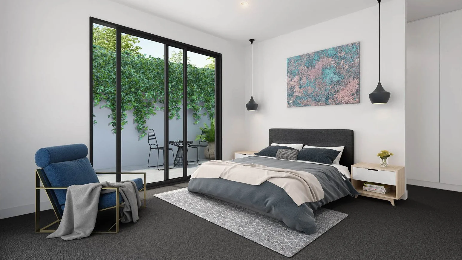 Modern bedroom with a bed, nightstands, and hanging pendant lights. There is a sliding glass door leading to a balcony with outdoor furniture and green foliage.