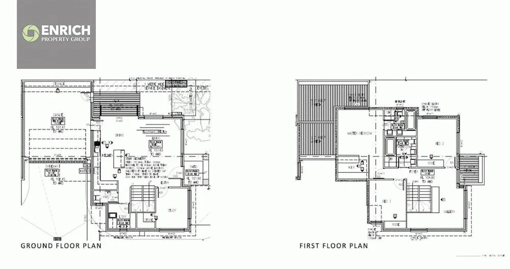 Architectural blueprint of a two-story house showing ground floor and first floor plans, with labels for various rooms and the ENRICH Property Group logo at the top left.