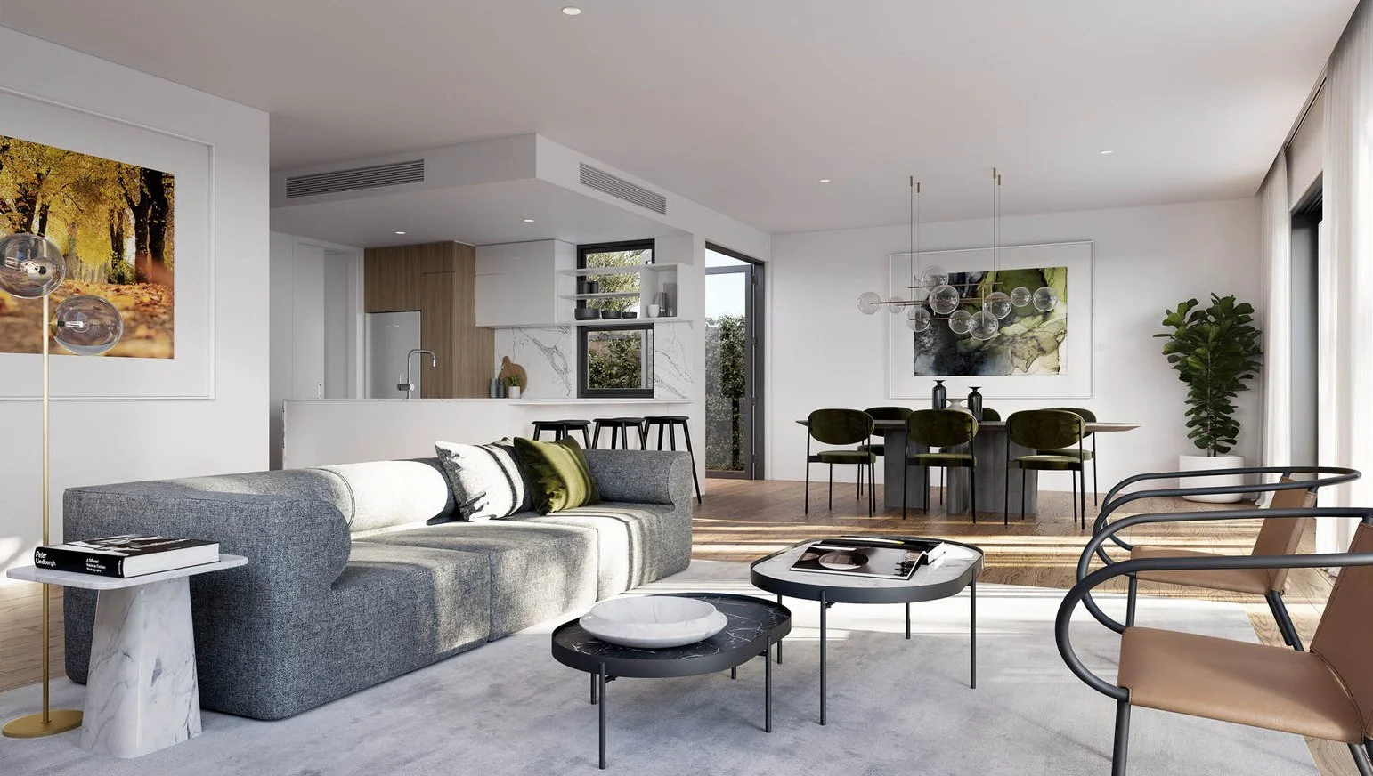 Modern open-concept living room and dining area with gray sofa, glass-top coffee tables, brown chairs, abstract artwork, and natural light from large windows.