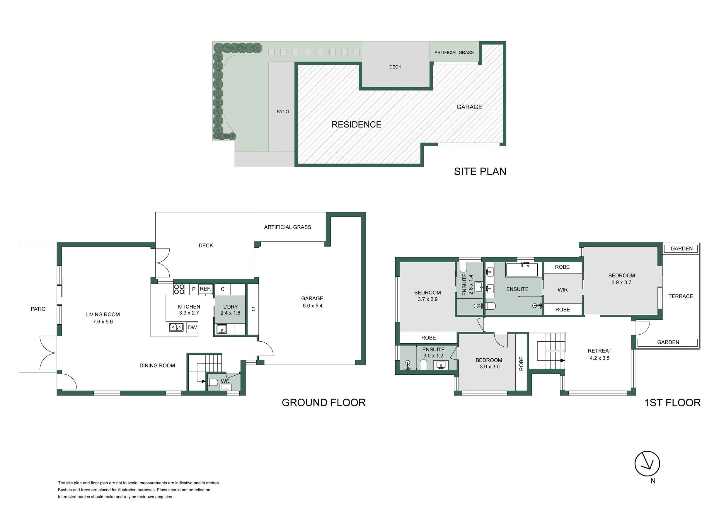 Floor plans showing a residence with a site plan, ground floor, and first floor layout, including details for rooms, outdoor areas, and gardens.