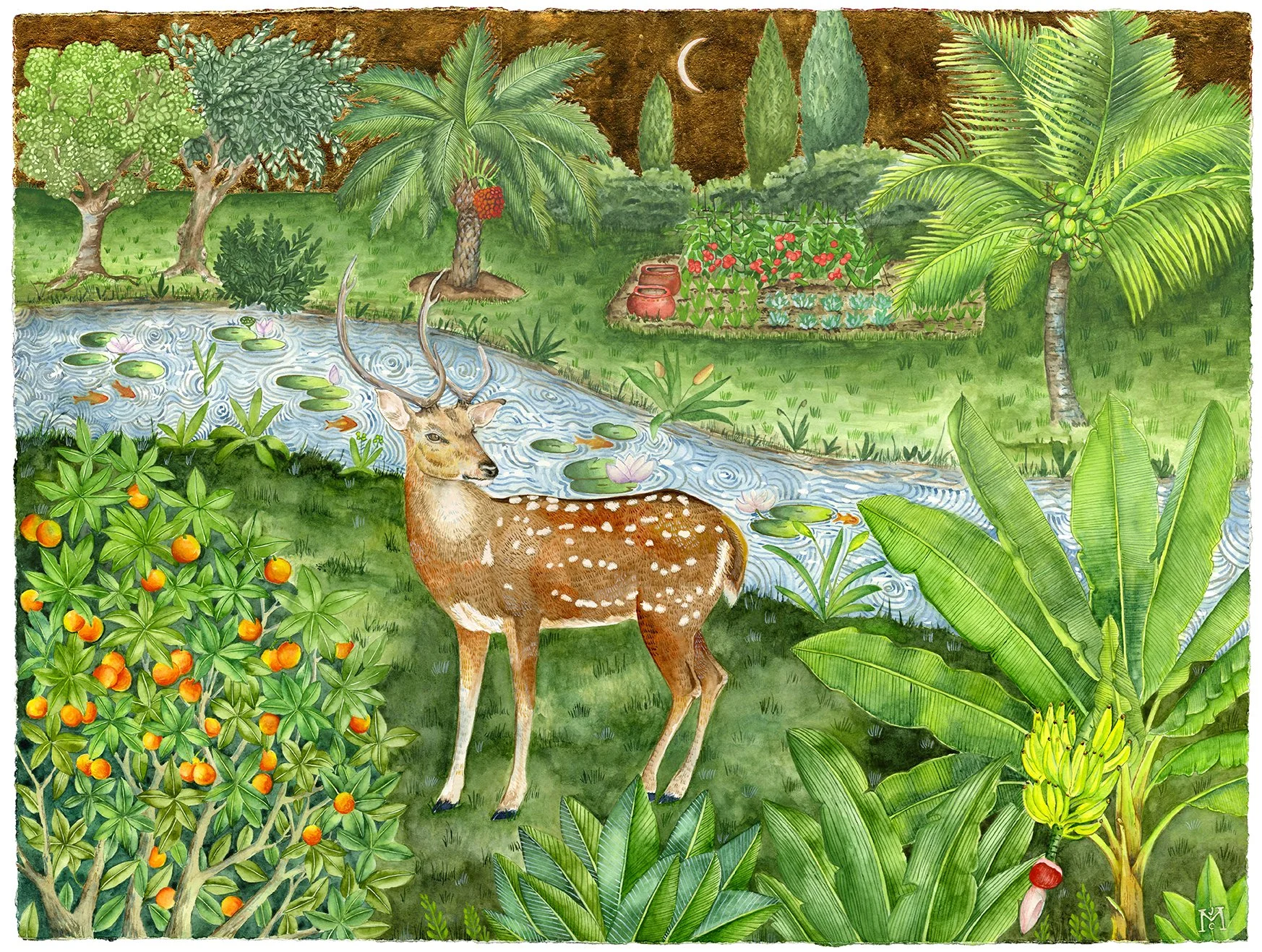 A deer standing near a pond with water lilies, surrounded by tropical plants, trees, and a garden, with a crescent moon in the sky.