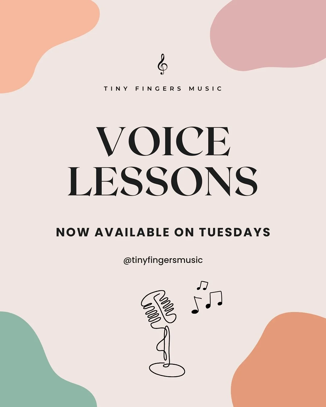 📣 New Day Alert!

We&rsquo;re now offering voice lessons on Tuesdays! 
Contact us to book your spot! 🎤🎶

#tinyfingersmusic #piano #pianist #pianoteacher #pianolessons #guitar #guitarteacher #guitarlessons #violin #violinteacher #violinlesson #voic