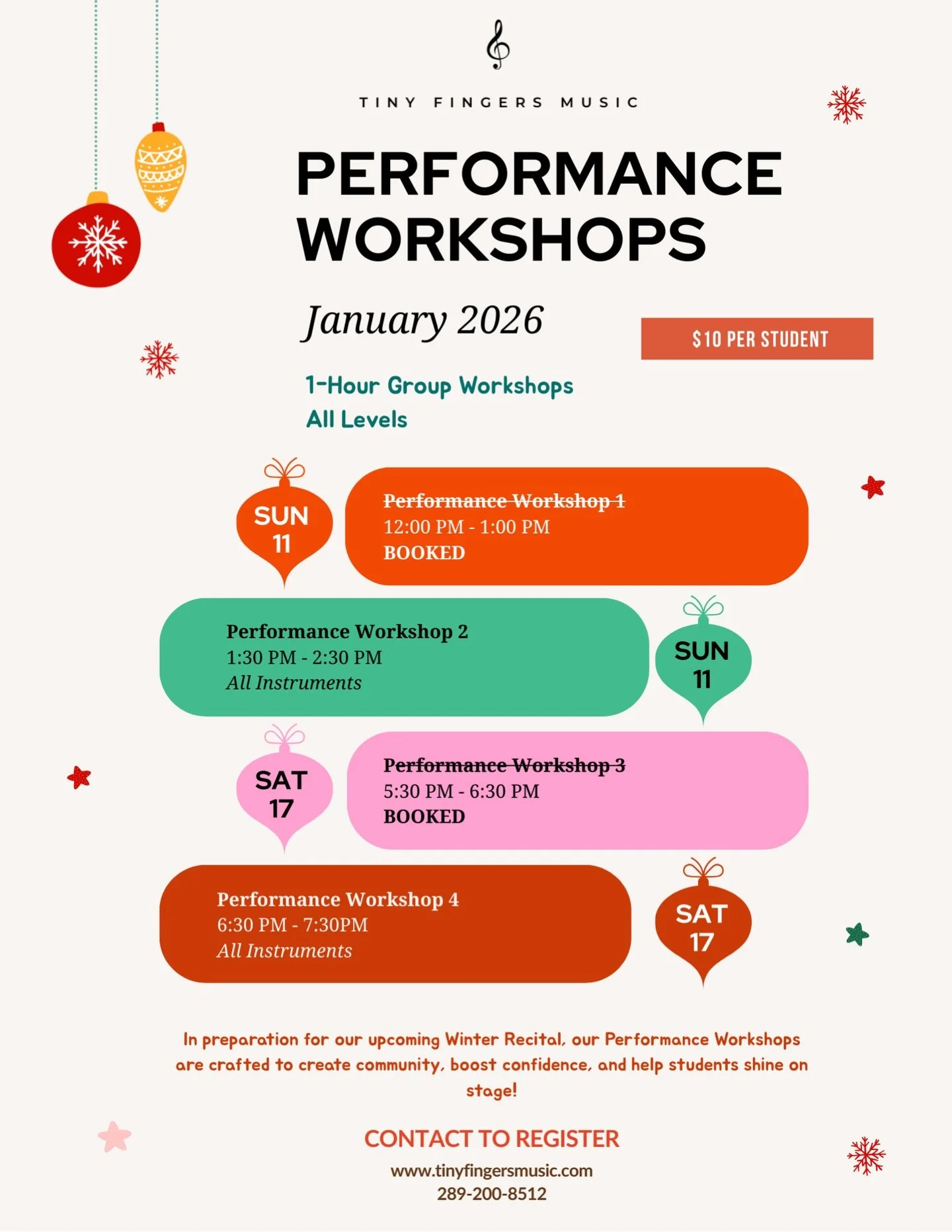 🎶 Performance Workshops &ndash; New Times Added! 🎶

We&rsquo;ve added TWO new Performance Workshop times to help our students prepare for the Winter Recital!

These mock-recital style workshops give students a chance to practice performing, build c