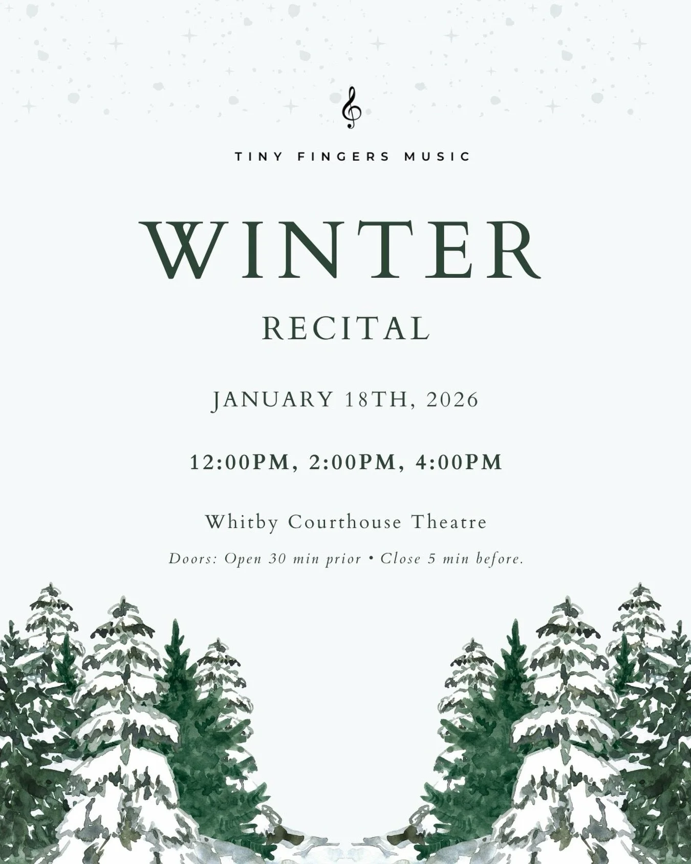 ❄️ Winter Recital 2026 ❄️

We are so excited to announce our Tiny Fingers Music Winter Recital 2026 on Sunday, January 18th at the Whitby Courthouse Theatre! 🎶

It will be an inspiring day of performances featuring our amazing students who are ready