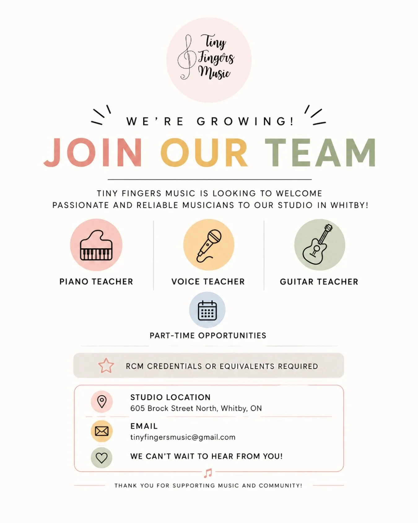 🎶 We&rsquo;re Growing our Teaching Team! 🎶

We&rsquo;re looking for passionate and reliable Piano, Voice &amp; Guitar Teachers to join our studio in Whitby! 🎹🎤🎸

✨ Part-time opportunities
✨ RCM credentials or equivalent required
✨ Warm, supporti