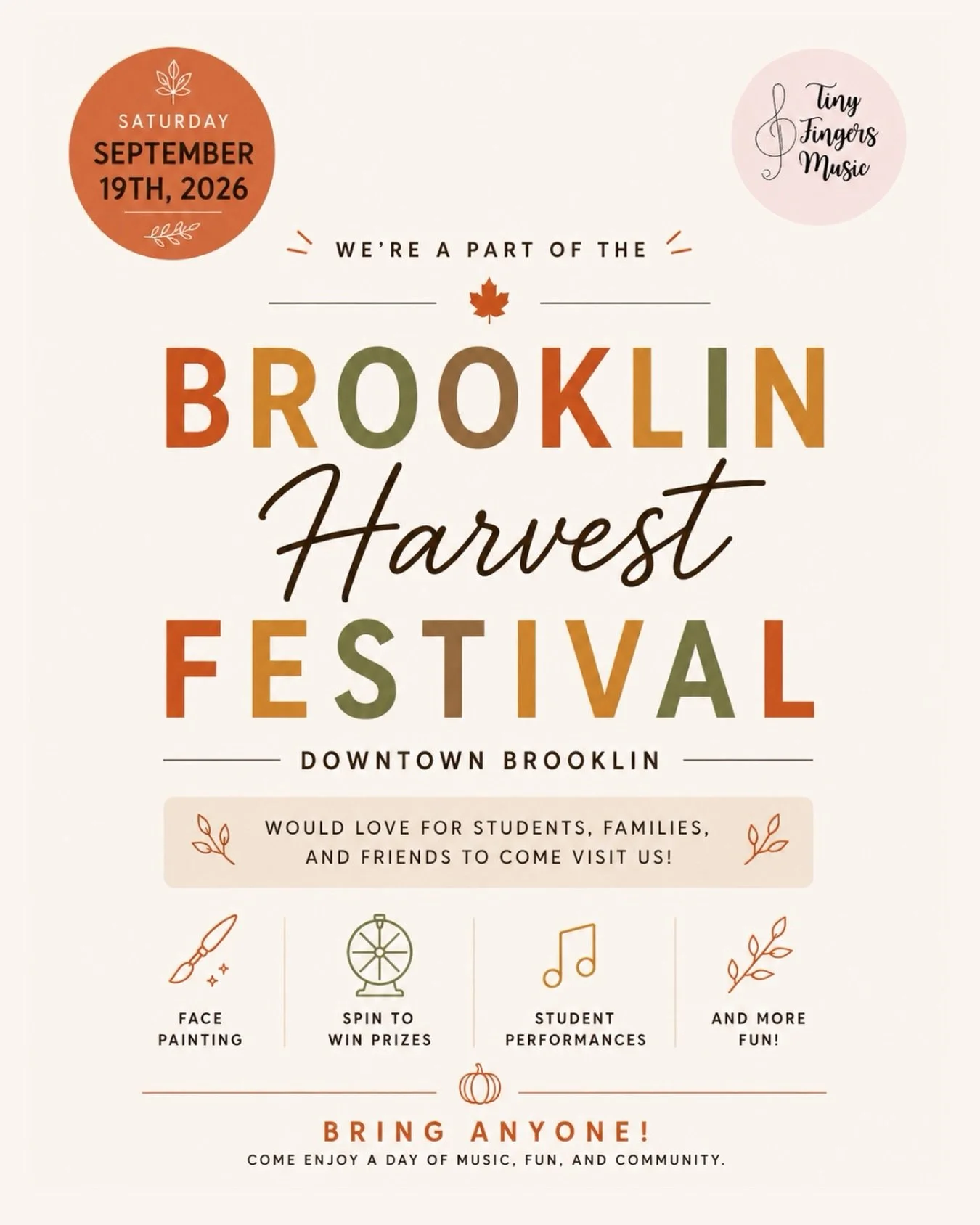 We&rsquo;re so excited to be a part of the Brooklin Harvest Festival! 🍂🎶

Come visit Tiny Fingers Music in Downtown Brooklin for a fun-filled day of music, activities, and community! 

📅 Saturday, September 19th
⏰ 10:00 AM &ndash; 4:00 PM
📍 Downt