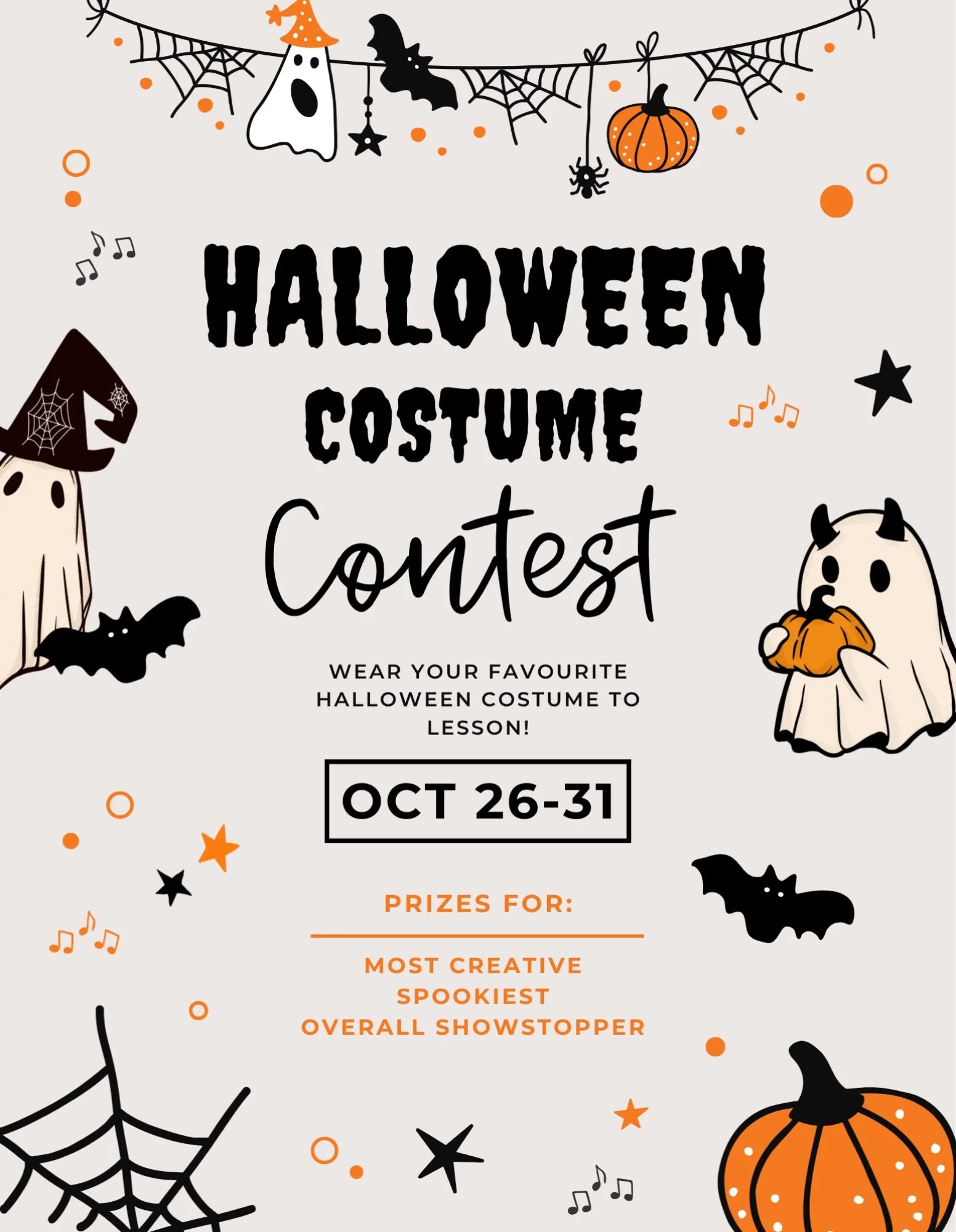 Our Halloween Costume Contest is back at Tiny Fingers Music! 🧡

From October 26-31, we invite all students to wear their favourite Halloween costume to their music lesson for a chance to win some spooktacular prizes! 🕸️

🏆 Prize Categories:

Most 