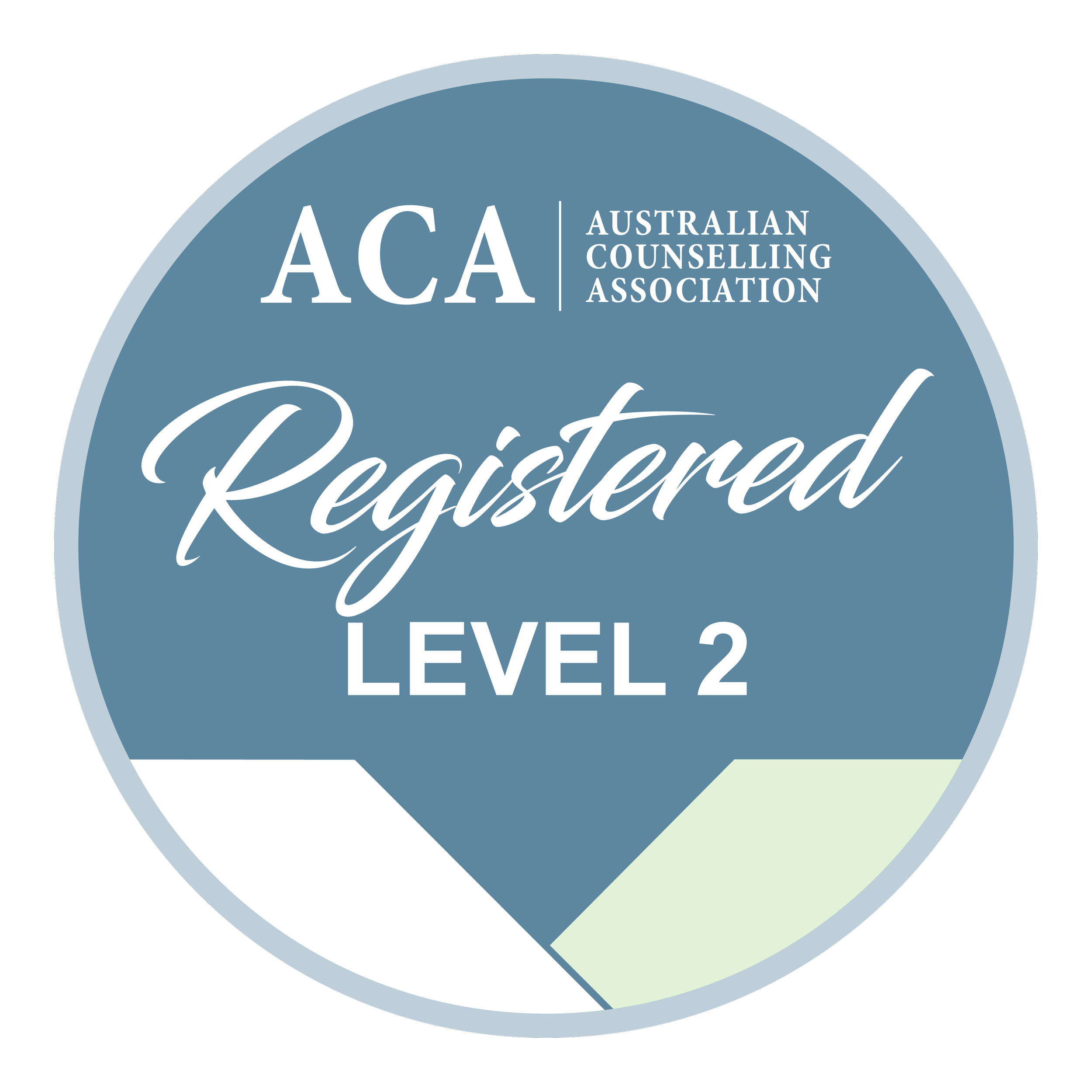 A circular badge displaying the Australian Counselling Association logo and the text 'Registered Level 2' in white.