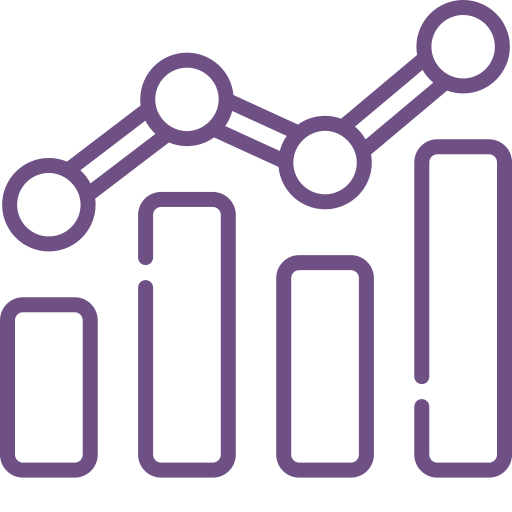 A purple line graph with an upward trend over four bar graphs.