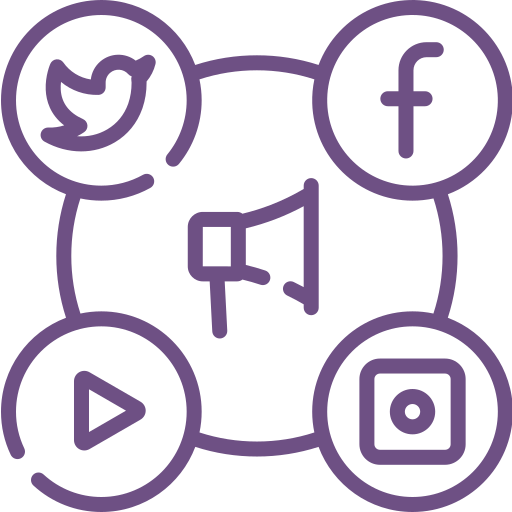 Icons of Twitter, Facebook, YouTube, Instagram, and a megaphone connected in a network.