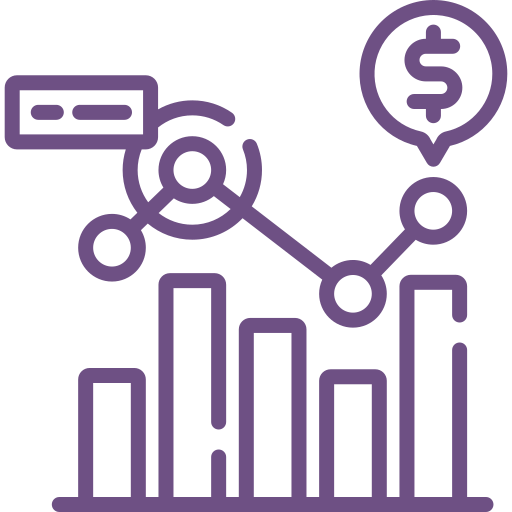 Stylized line and bar graph with dollar sign and chat bubble icons.