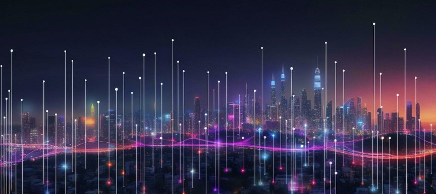 Nighttime city skyline with digital data lines and glowing dots over the city.