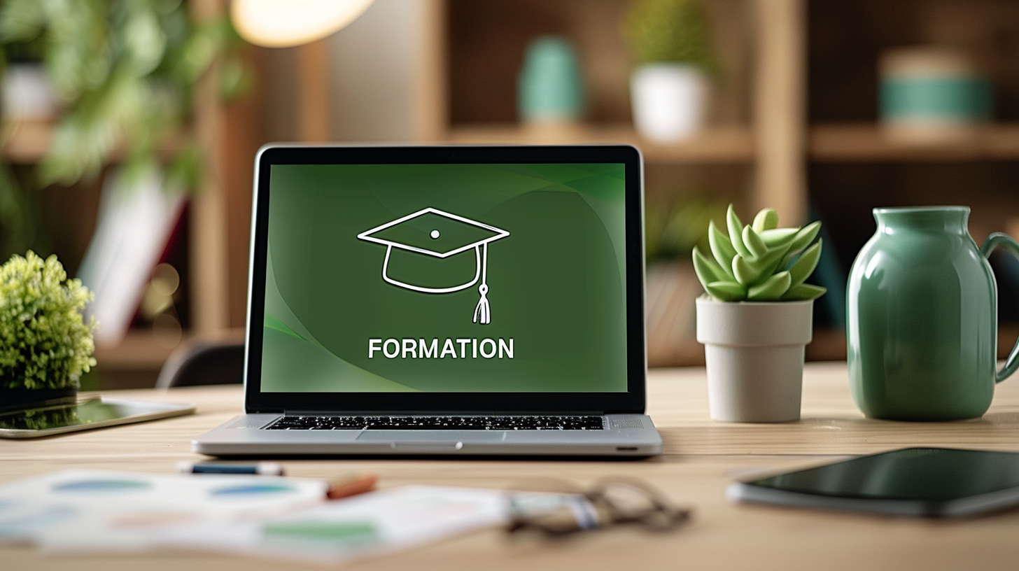 Un ordinateur portable affichant un écran avec une icône de chapeau de diplômé et le mot "FORMATION", posé sur un bureau avec des plantes et des documents.