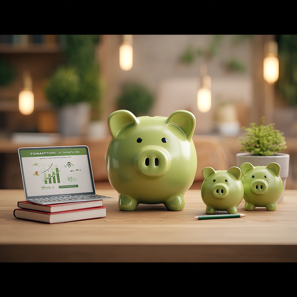 Trois tirelires en forme de cochons de différentes tailles, un ordinateur portable affichant un graphique de croissance, deux livres empilés, et un stylo sur une table en bois, avec un décor de plantes et de lumières suspendues en arrière-plan.