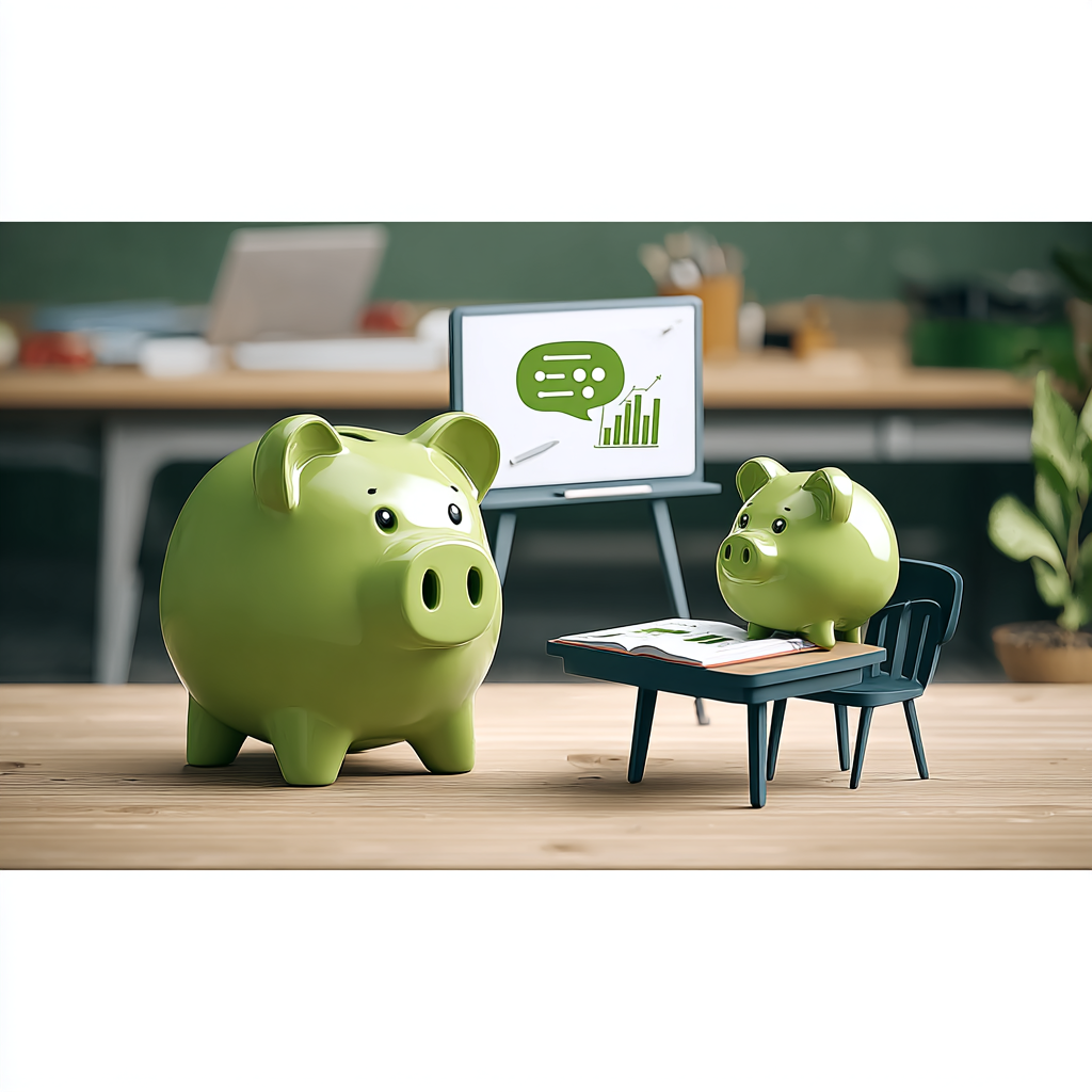 Deux tirelires en forme de cochon vert dans un bureau, avec un ordinateur portable et un tableau noir affichant des graphiques de croissance.