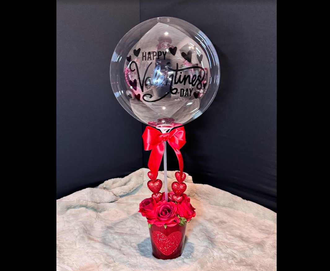 Valentine's Day Bubble Balloon with Vinyl wording, in a red tin with sparkle heart, roses, and sparkle heart in a bouquet. 